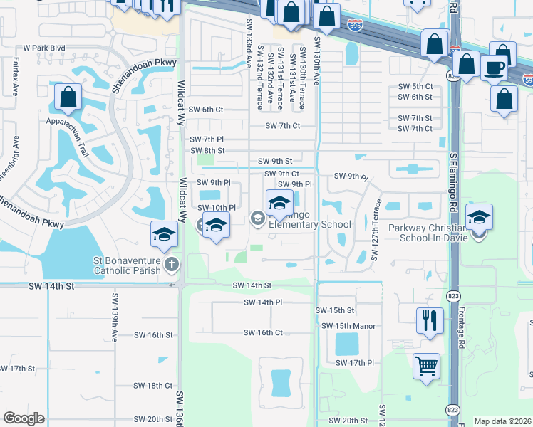 map of restaurants, bars, coffee shops, grocery stores, and more near 13240 Southwest 10th Manor in Davie