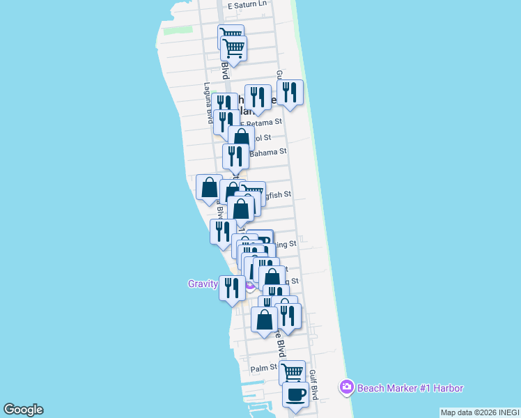 map of restaurants, bars, coffee shops, grocery stores, and more near 113 East Dolphin Street in South Padre Island