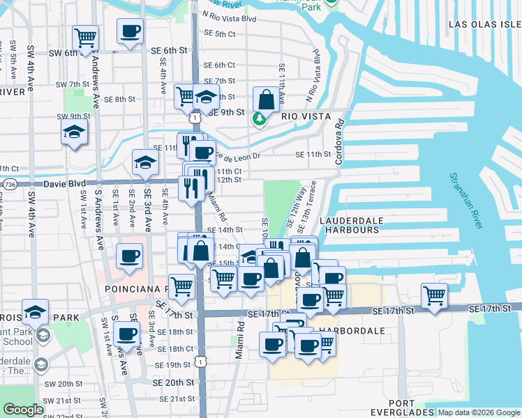 map of restaurants, bars, coffee shops, grocery stores, and more near 925 Southeast 13th Street in Fort Lauderdale