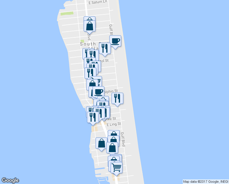 map of restaurants, bars, coffee shops, grocery stores, and more near 131B East Dolphin Street in South Padre Island