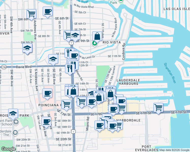 map of restaurants, bars, coffee shops, grocery stores, and more near 925 Southeast 13th Street in Fort Lauderdale