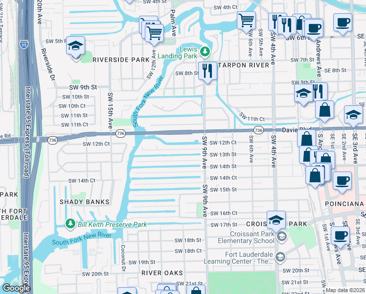 map of restaurants, bars, coffee shops, grocery stores, and more near 1021 Southwest 12th Court in Fort Lauderdale