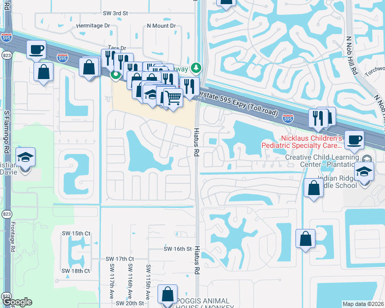 map of restaurants, bars, coffee shops, grocery stores, and more near 1061 Southwest 111th Way in Davie
