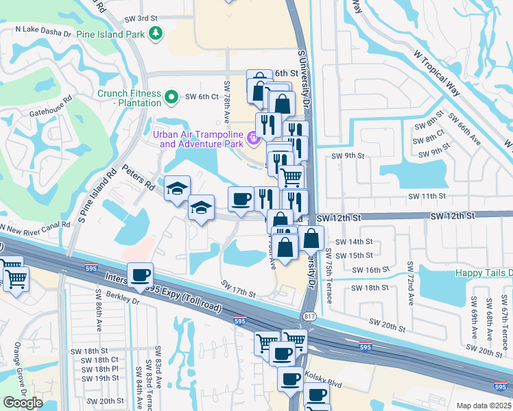 map of restaurants, bars, coffee shops, grocery stores, and more near 8021 Peters Road in Plantation
