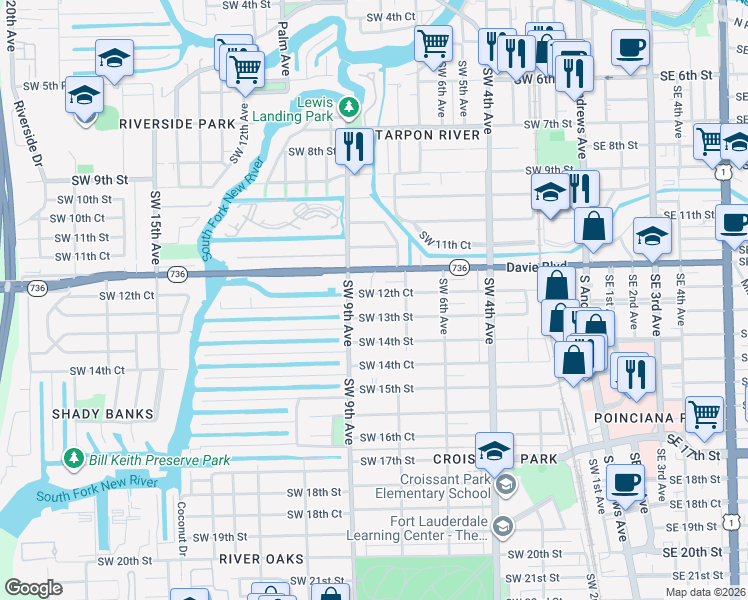 map of restaurants, bars, coffee shops, grocery stores, and more near 846 Southwest 12th Court in Fort Lauderdale