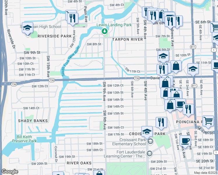 map of restaurants, bars, coffee shops, grocery stores, and more near 846 Southwest 12th Court in Fort Lauderdale