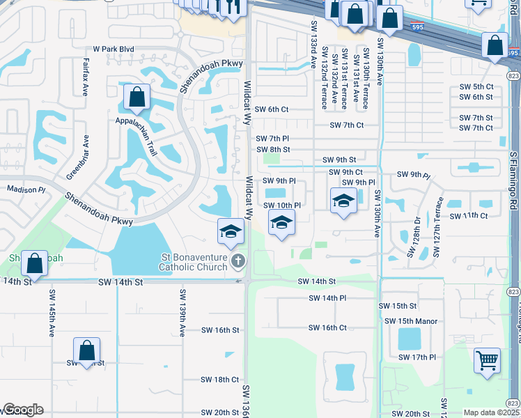 map of restaurants, bars, coffee shops, grocery stores, and more near 13560 Southwest 10th Place in Davie