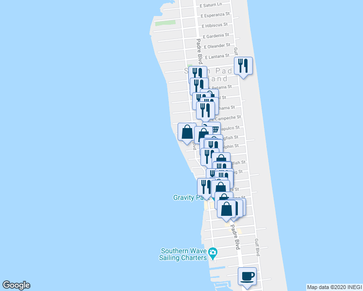 map of restaurants, bars, coffee shops, grocery stores, and more near 103 West Kingfish Street in South Padre Island