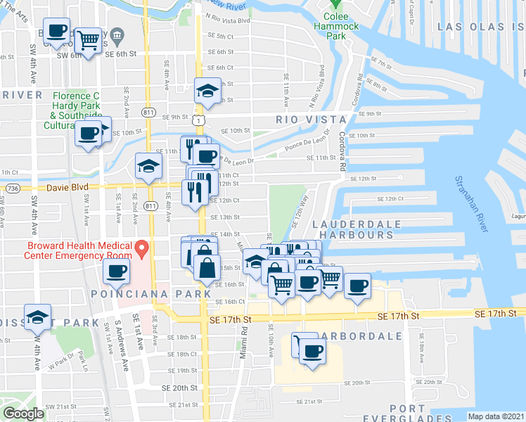 map of restaurants, bars, coffee shops, grocery stores, and more near 925 Southeast 13th Street in Fort Lauderdale