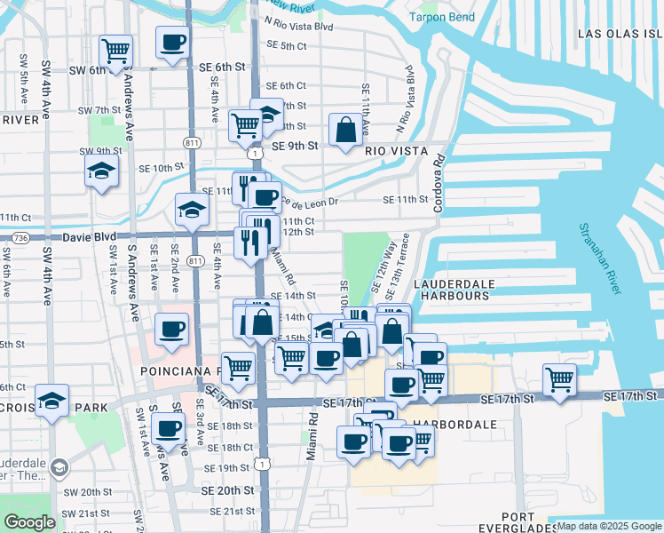map of restaurants, bars, coffee shops, grocery stores, and more near 925 Southeast 13th Street in Fort Lauderdale
