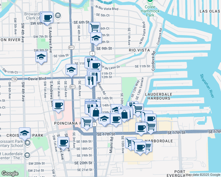 map of restaurants, bars, coffee shops, grocery stores, and more near 733 Southeast 13th Street in Fort Lauderdale