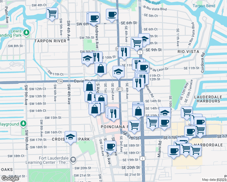 map of restaurants, bars, coffee shops, grocery stores, and more near 214 Southeast 13th Street in Fort Lauderdale