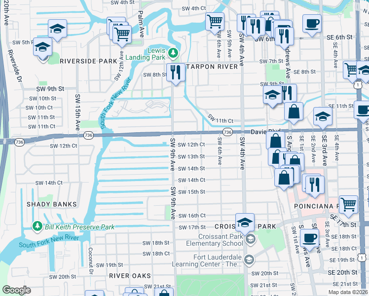 map of restaurants, bars, coffee shops, grocery stores, and more near 846 Southwest 12th Court in Fort Lauderdale