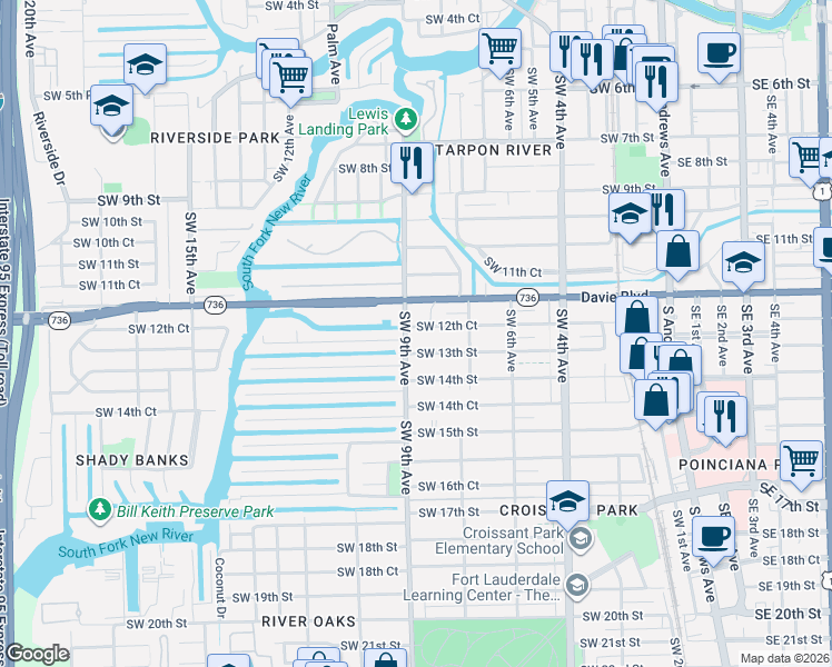 map of restaurants, bars, coffee shops, grocery stores, and more near 846 Southwest 12th Court in Fort Lauderdale