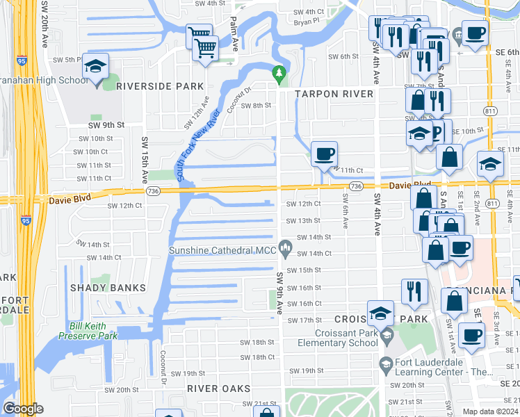map of restaurants, bars, coffee shops, grocery stores, and more near 911 Southwest 12th Court in Fort Lauderdale