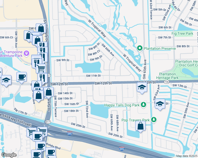 map of restaurants, bars, coffee shops, grocery stores, and more near 1161 Southwest 70th Terrace in Plantation