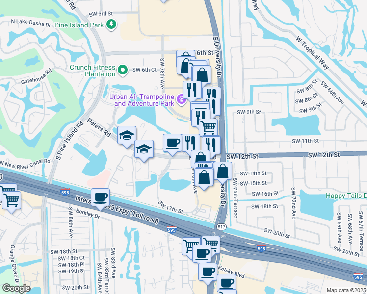 map of restaurants, bars, coffee shops, grocery stores, and more near 8021 Peters Road in Plantation