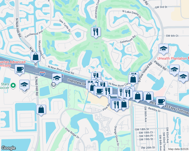 map of restaurants, bars, coffee shops, grocery stores, and more near 1080 Southwest 93rd Avenue in Plantation