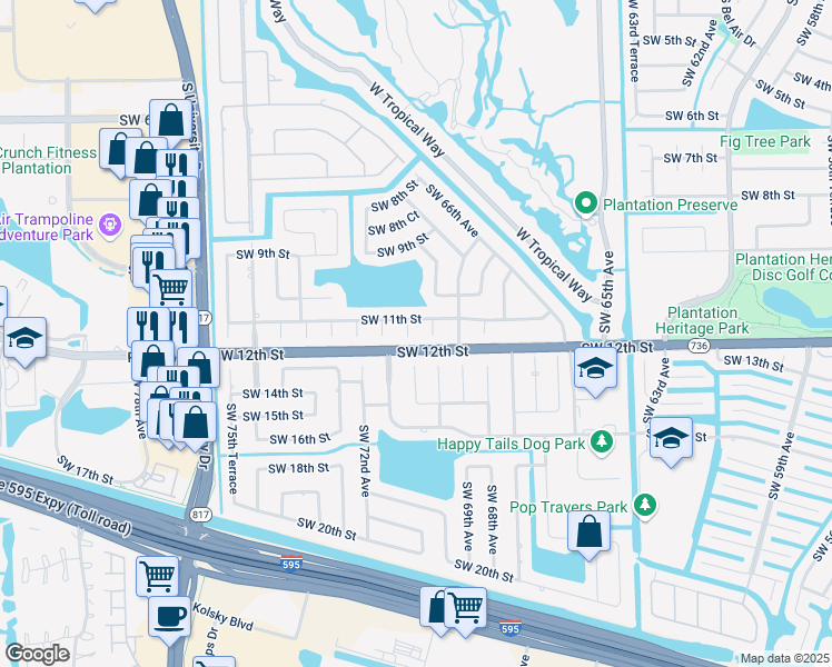 map of restaurants, bars, coffee shops, grocery stores, and more near 1161 Southwest 70th Terrace in Plantation