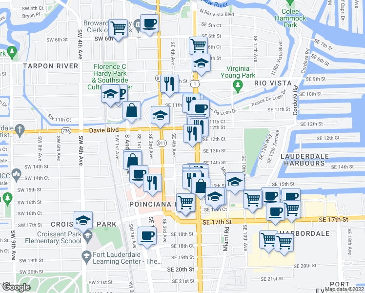 map of restaurants, bars, coffee shops, grocery stores, and more near 1241 South Federal Highway in Fort Lauderdale