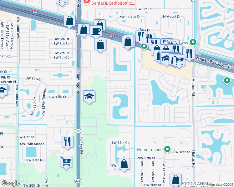 map of restaurants, bars, coffee shops, grocery stores, and more near 11922 Southwest 11th Court in Davie