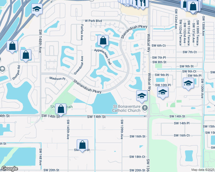 map of restaurants, bars, coffee shops, grocery stores, and more near 1051 Meadowwood Terrace in Davie