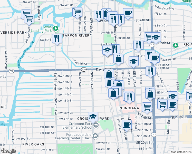 map of restaurants, bars, coffee shops, grocery stores, and more near 321 Southwest 13th Street in Fort Lauderdale
