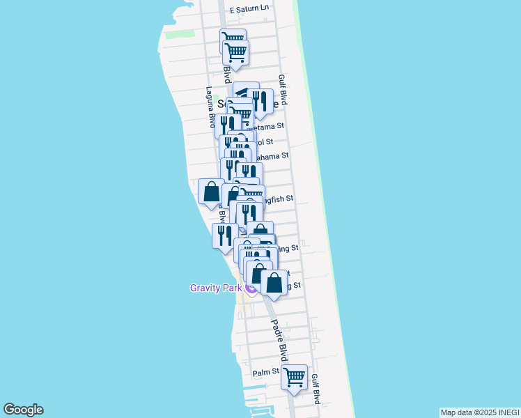 map of restaurants, bars, coffee shops, grocery stores, and more near 113 East Dolphin Street in South Padre Island