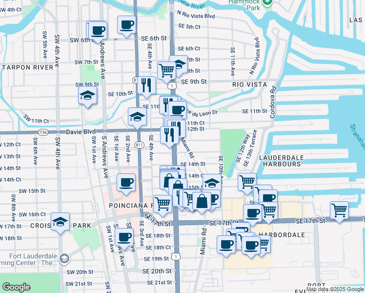map of restaurants, bars, coffee shops, grocery stores, and more near 1249 Miami Road in Fort Lauderdale