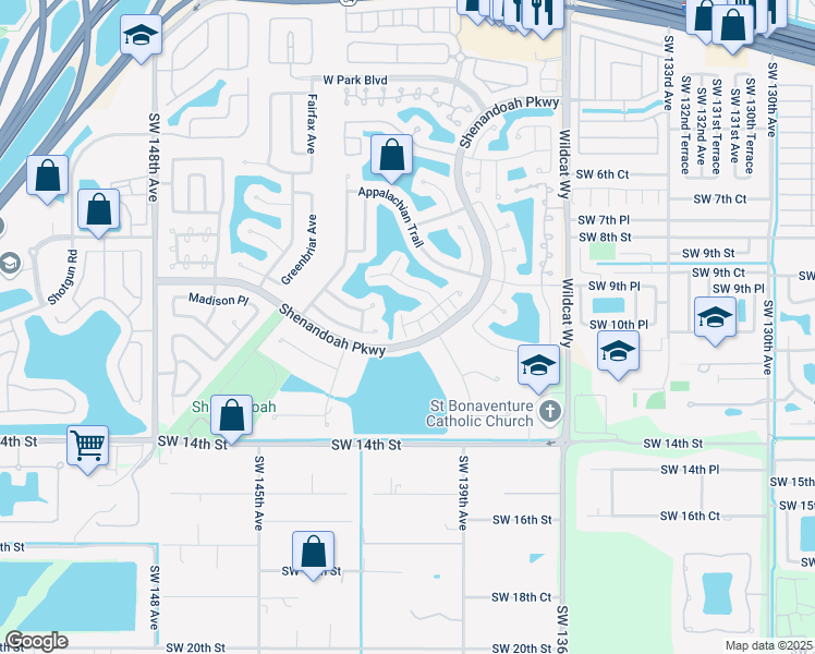 map of restaurants, bars, coffee shops, grocery stores, and more near 1051 Meadowwood Terrace in Davie