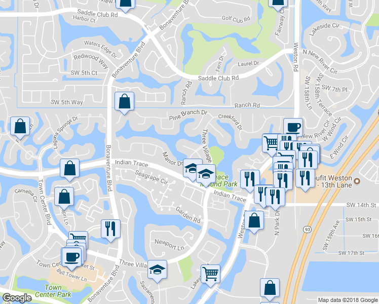map of restaurants, bars, coffee shops, grocery stores, and more near 1195 Manor Court in Weston