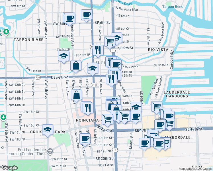 map of restaurants, bars, coffee shops, grocery stores, and more near 1241 South Federal Highway in Fort Lauderdale