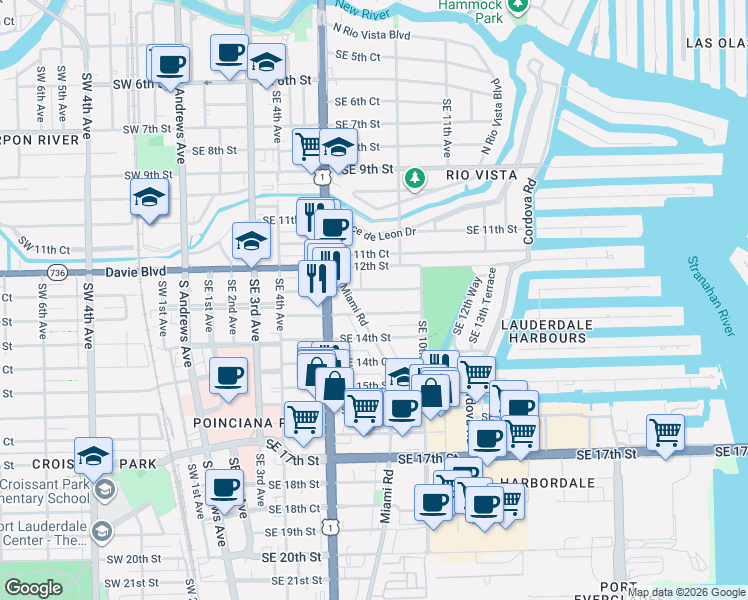 map of restaurants, bars, coffee shops, grocery stores, and more near 733 Southeast 13th Street in Fort Lauderdale