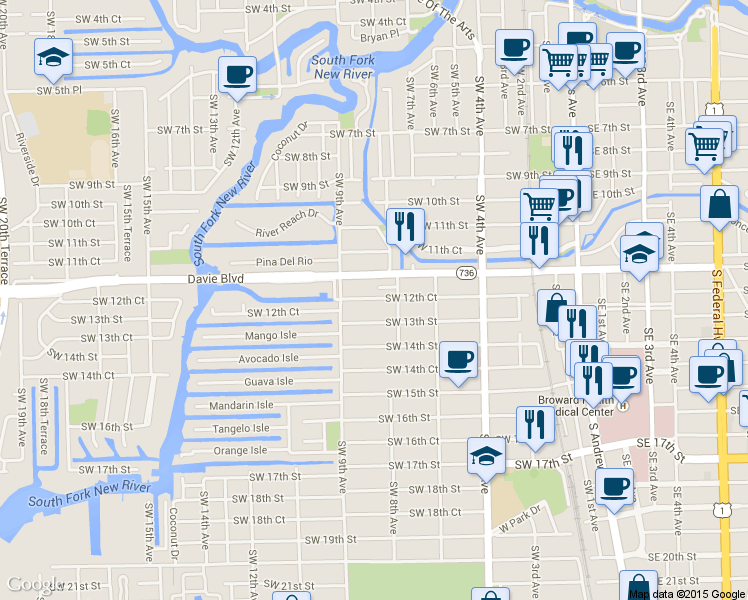 map of restaurants, bars, coffee shops, grocery stores, and more near 846 Southwest 12th Court in Fort Lauderdale