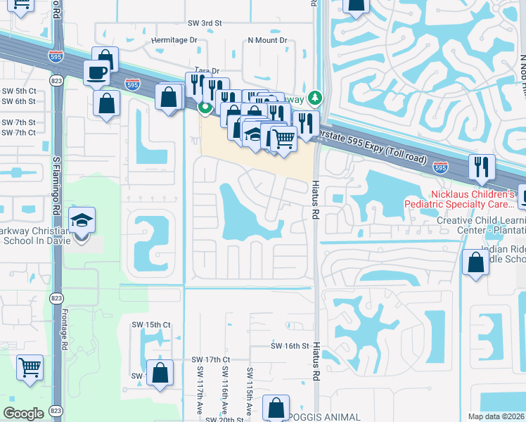 map of restaurants, bars, coffee shops, grocery stores, and more near 1066 Southwest 114th Terrace in Davie