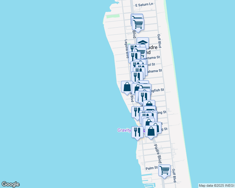 map of restaurants, bars, coffee shops, grocery stores, and more near 103 West Kingfish Street in South Padre Island