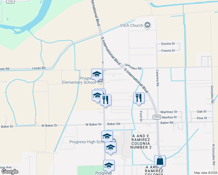 map of restaurants, bars, coffee shops, grocery stores, and more near 209 Huerta Road in Progreso Lakes