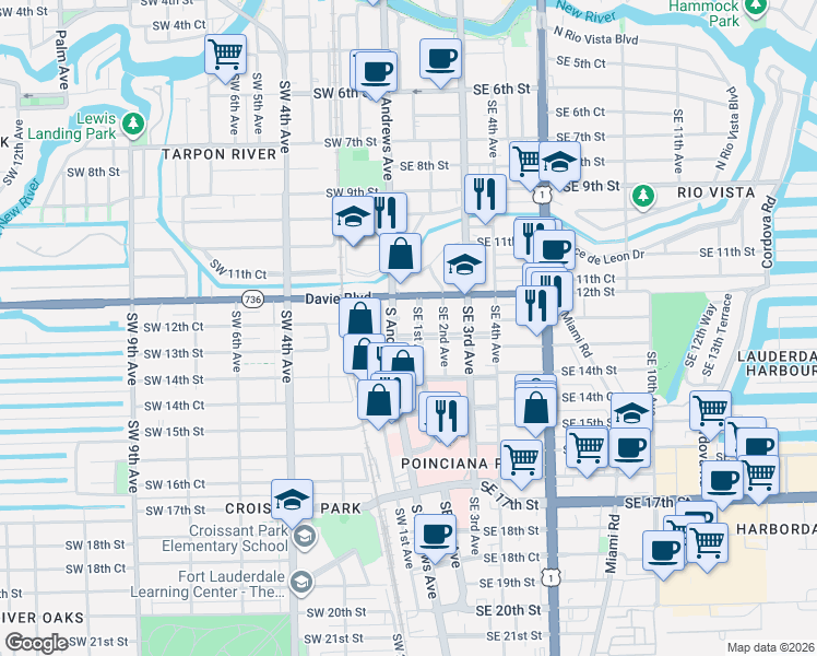 map of restaurants, bars, coffee shops, grocery stores, and more near 1300 Southeast 1st Avenue in Fort Lauderdale