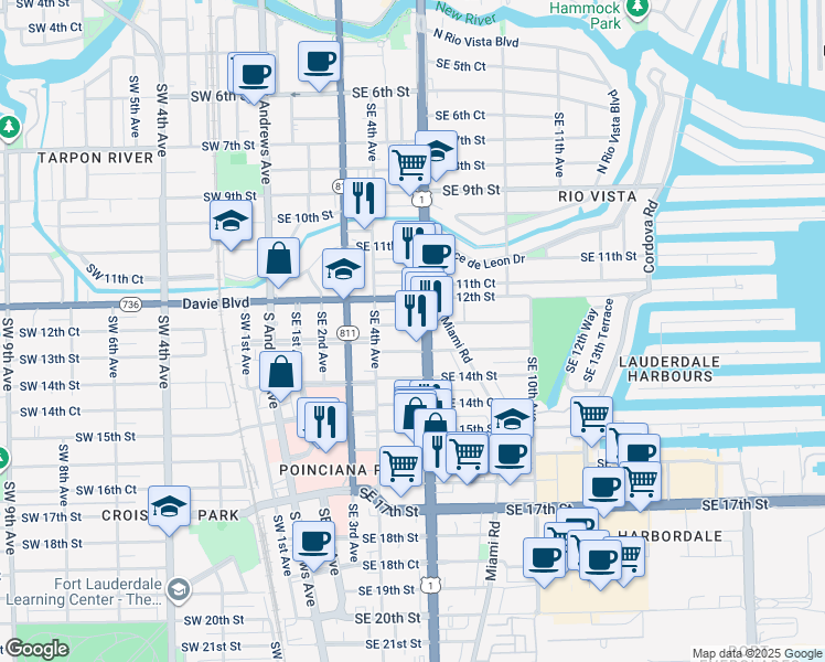map of restaurants, bars, coffee shops, grocery stores, and more near 1241 South Federal Highway in Fort Lauderdale