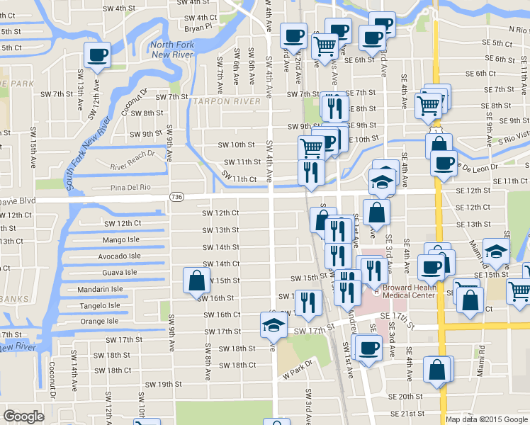 map of restaurants, bars, coffee shops, grocery stores, and more near 407 Southwest 12th Court in Fort Lauderdale