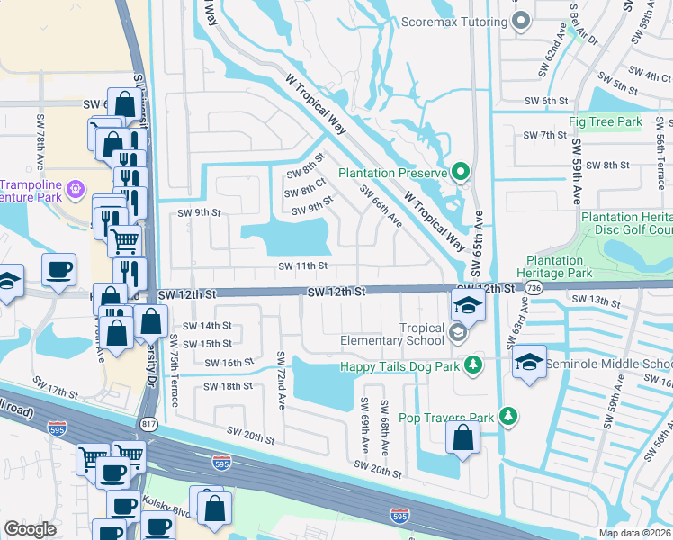 map of restaurants, bars, coffee shops, grocery stores, and more near 1160 Southwest 70th Avenue in Plantation