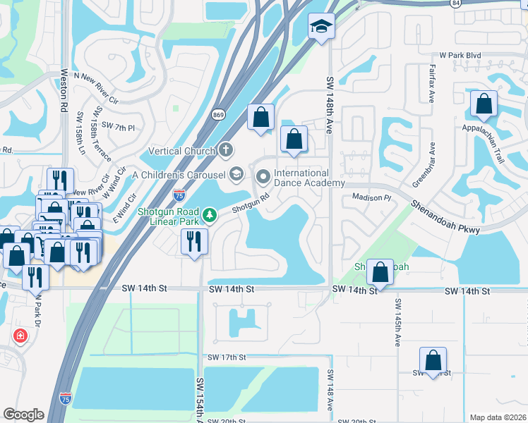 map of restaurants, bars, coffee shops, grocery stores, and more near 15050 Southwest 10th Street in Sunrise