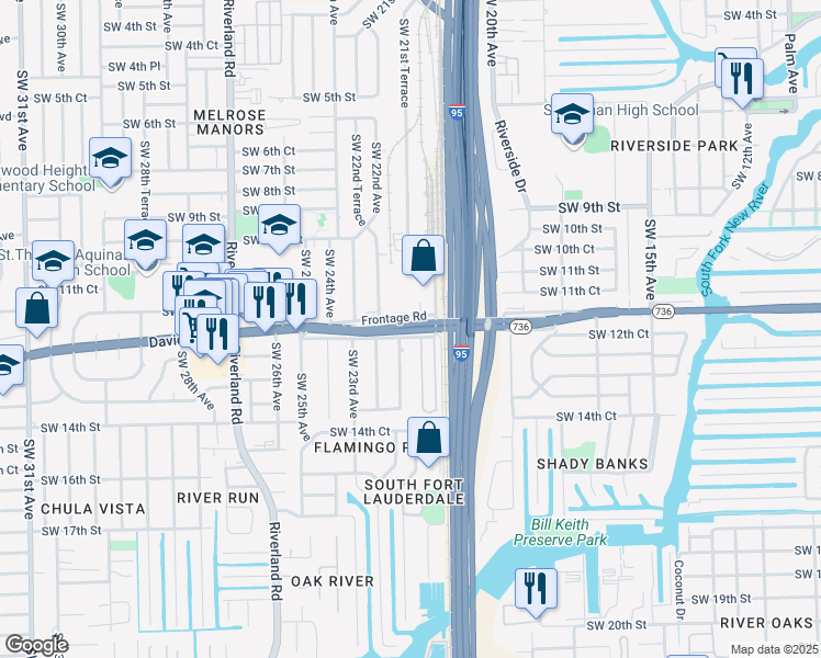 map of restaurants, bars, coffee shops, grocery stores, and more near Davie Boulevard in Fort Lauderdale