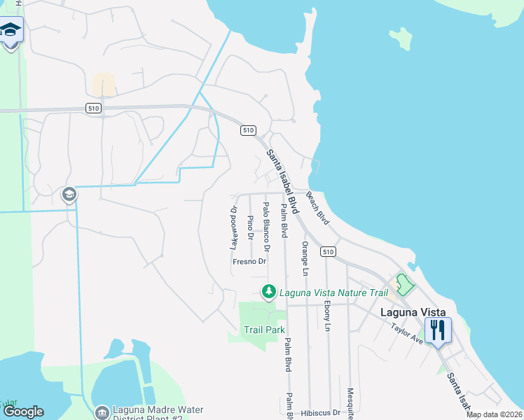 map of restaurants, bars, coffee shops, grocery stores, and more near 1220 Palo Blanco Drive in Laguna Vista