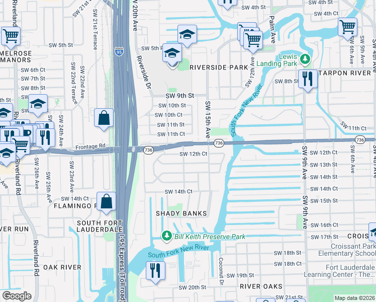 map of restaurants, bars, coffee shops, grocery stores, and more near 1605 Southwest 13th Street in Fort Lauderdale