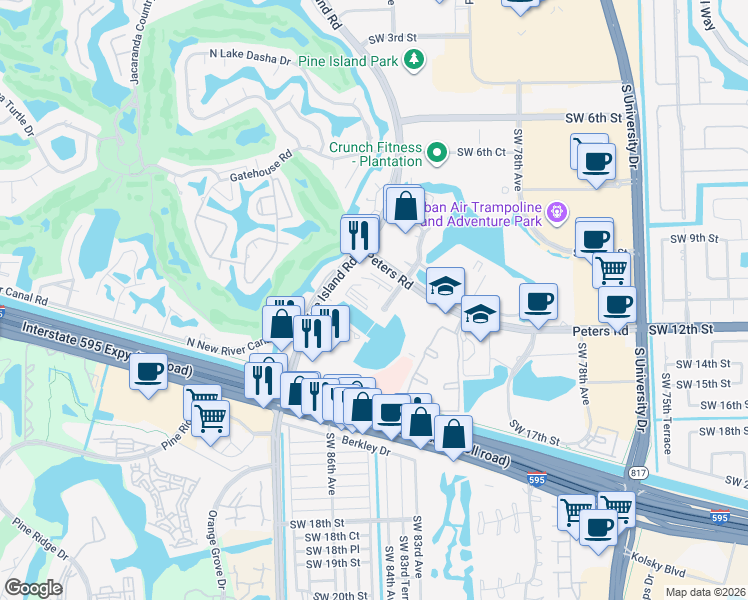 map of restaurants, bars, coffee shops, grocery stores, and more near 1200 South Pine Island Road in Plantation
