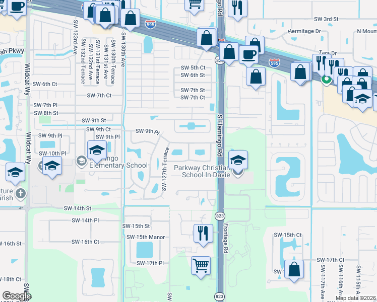 map of restaurants, bars, coffee shops, grocery stores, and more near 12471 Southwest 11th Court in Davie
