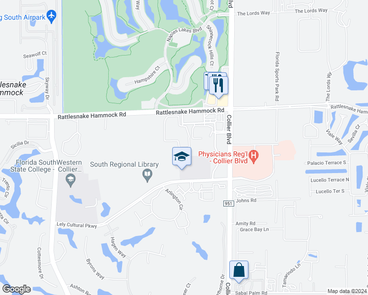 map of restaurants, bars, coffee shops, grocery stores, and more near 7050 Sierra Club Circle in Naples