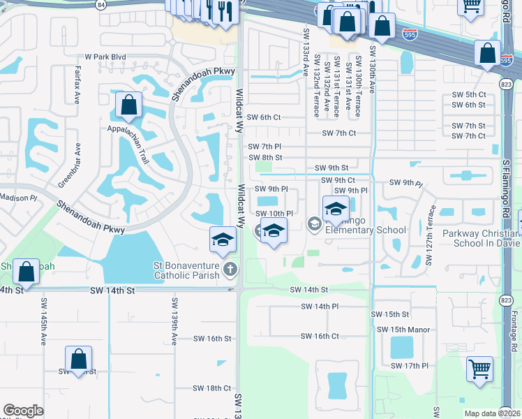map of restaurants, bars, coffee shops, grocery stores, and more near 13560 Southwest 10th Place in Davie