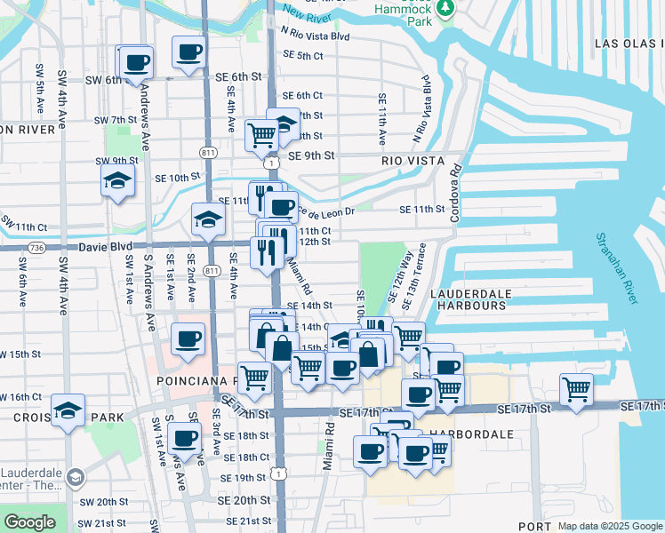 map of restaurants, bars, coffee shops, grocery stores, and more near 733 Southeast 13th Street in Fort Lauderdale